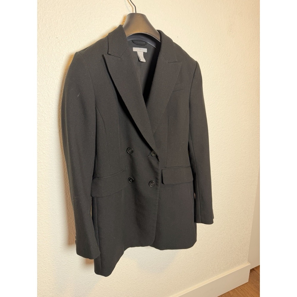 H&M Black Twill Double-Breasted Blazer Jacket Button Front Pockets Womens S